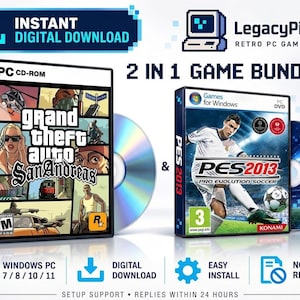 Puede incluir: Un paquete de 2 juegos digitales para PC con Windows que incluye Grand Theft Auto: San Andreas y PES 2013 Pro Evolution Soccer. La imagen muestra dos cajas de juegos con sus portadas, dos discos y texto que indica la compatibilidad de descarga digital para Windows 7, 8, 10 y 11.