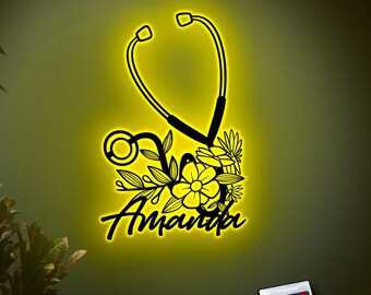 Aangepaste verpleegkundige led metalen muurkunst, bloemen stethoscoop wandlamp voor arts, medisch kantoor decor, RN afstudeercadeau, cadeau verpleegkundige waardering