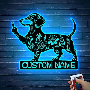 Personalized Cute Dachshund Metal Wall Sign with Wildflowers, Funny Sausage Dog Decor for Pet Lovers, Garage Porch Backyard House Keepsake