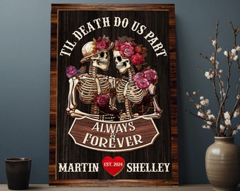 Quadro de esqueleto de casais de Halloween personalizado presente de madeira para casamento, presentes de aniversário, presentes de aniversário, decoração de casa de Halloween