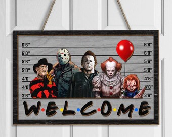 Witamy w tym domu. Drewniany znak z postacią Horror. Prezent na Halloween. Dekoracja domu.