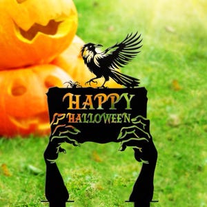 Joyeux Halloween, jardin, métal, corbeau, effrayant, mains, tenue, signe, extérieur, décoration, cour, fantasmagorie, pour, pelouse, allée, porche, maison hantée
