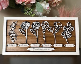 Personalized Nana’s Garden Sign, Custom Flower Family Plaque, Wooden Name Sign Gift for Grandma, Family Floral Wall Art