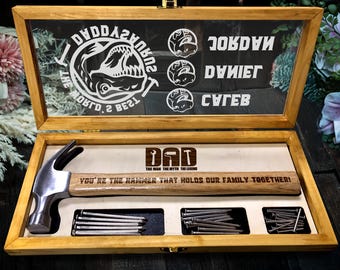 Op maat gemaakte gegraveerde hamer voor vader met houten kist | Vaderdagcadeau, verjaardagscadeau voor vader, man of hem