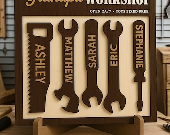 Grandpa's Workshop Sign Personalized Engraved Tool with Family Names | Home Decor for Father's Day | Workshop Wall Art for Dad