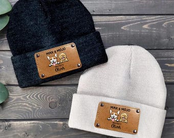 Baby Beanie Protected By Custom Dog Name, Personalized Baby Beanies with Name Kids for Baby Kids Adult, Leather Patch Beanie, Newborn Gift
