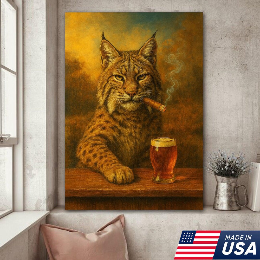 Rustic Bobcat Funny Bobcat Smoking With Cocktail Glasses Canvas – Rustic Cabin ...