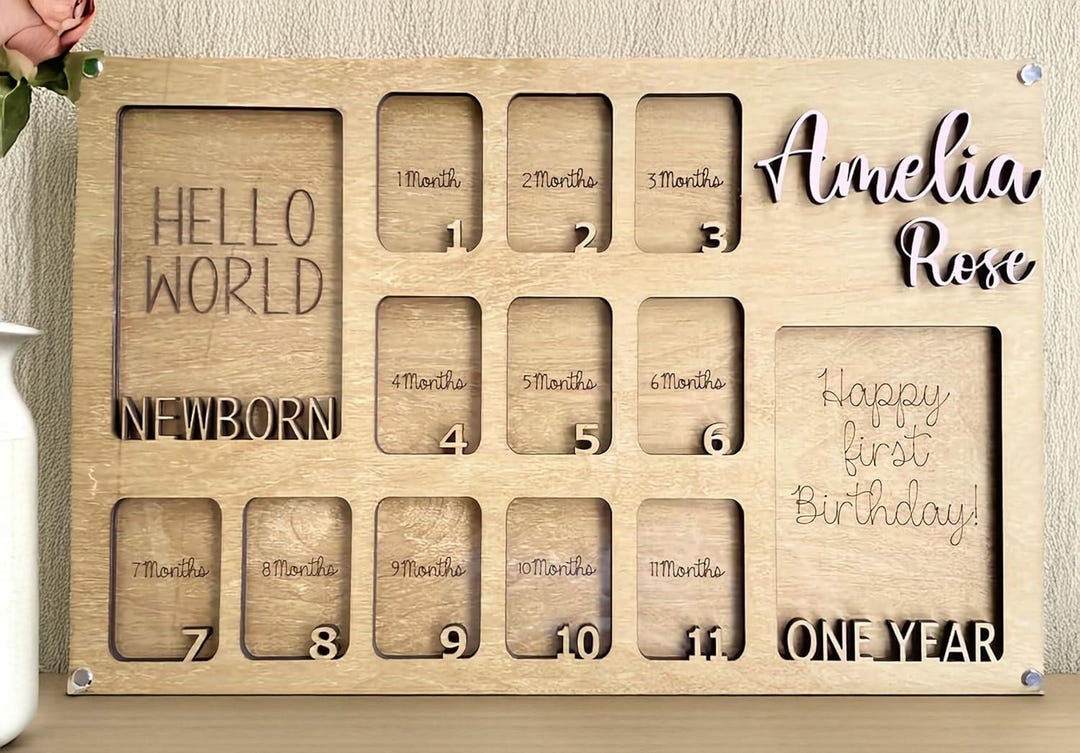 Personalized Wooden Baby Monthly Milestone Frame, Custom 12 Month Photo ...