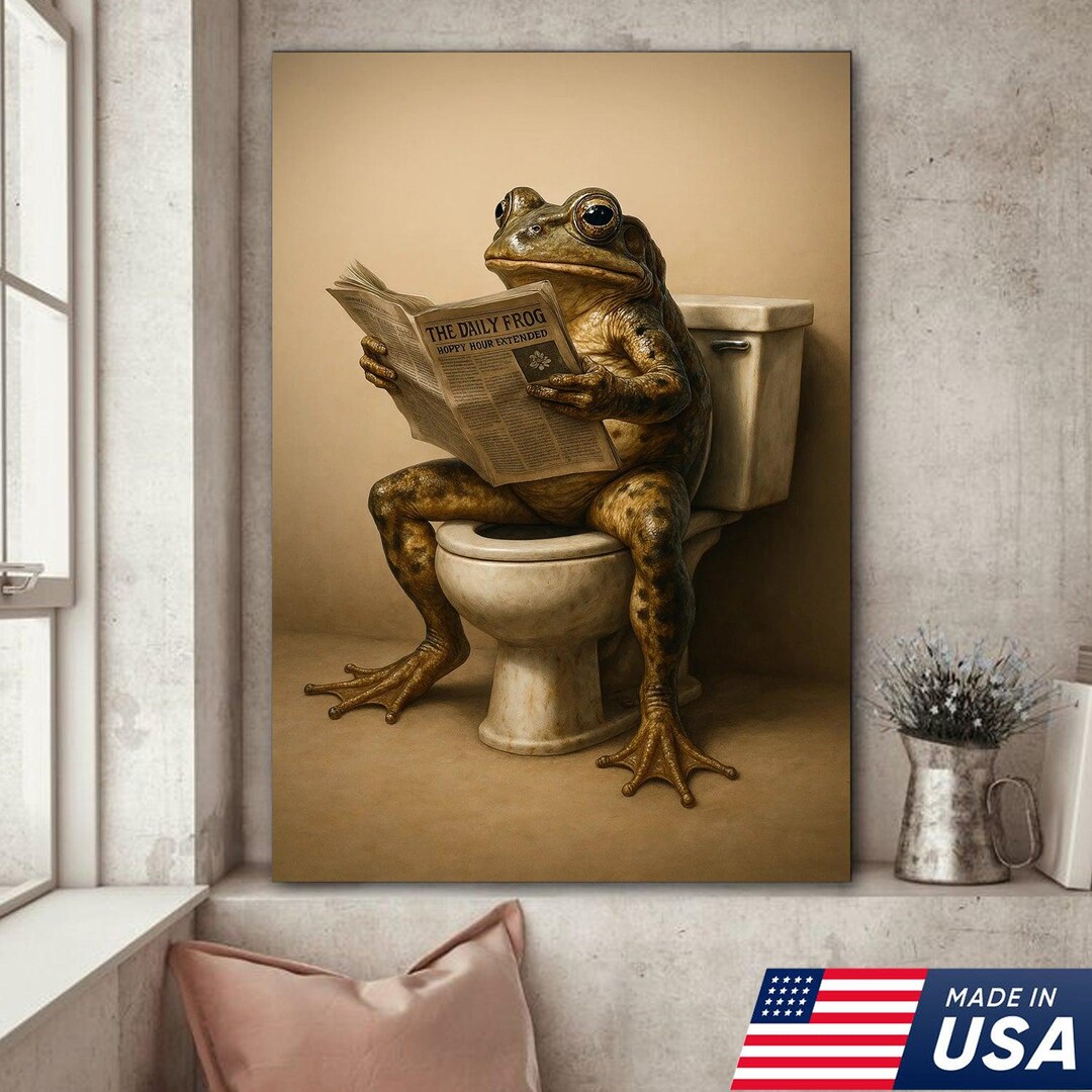 Funny Frog Bathroom Canvas Wall Art, Frog Reading Newspaper on Toilet ...