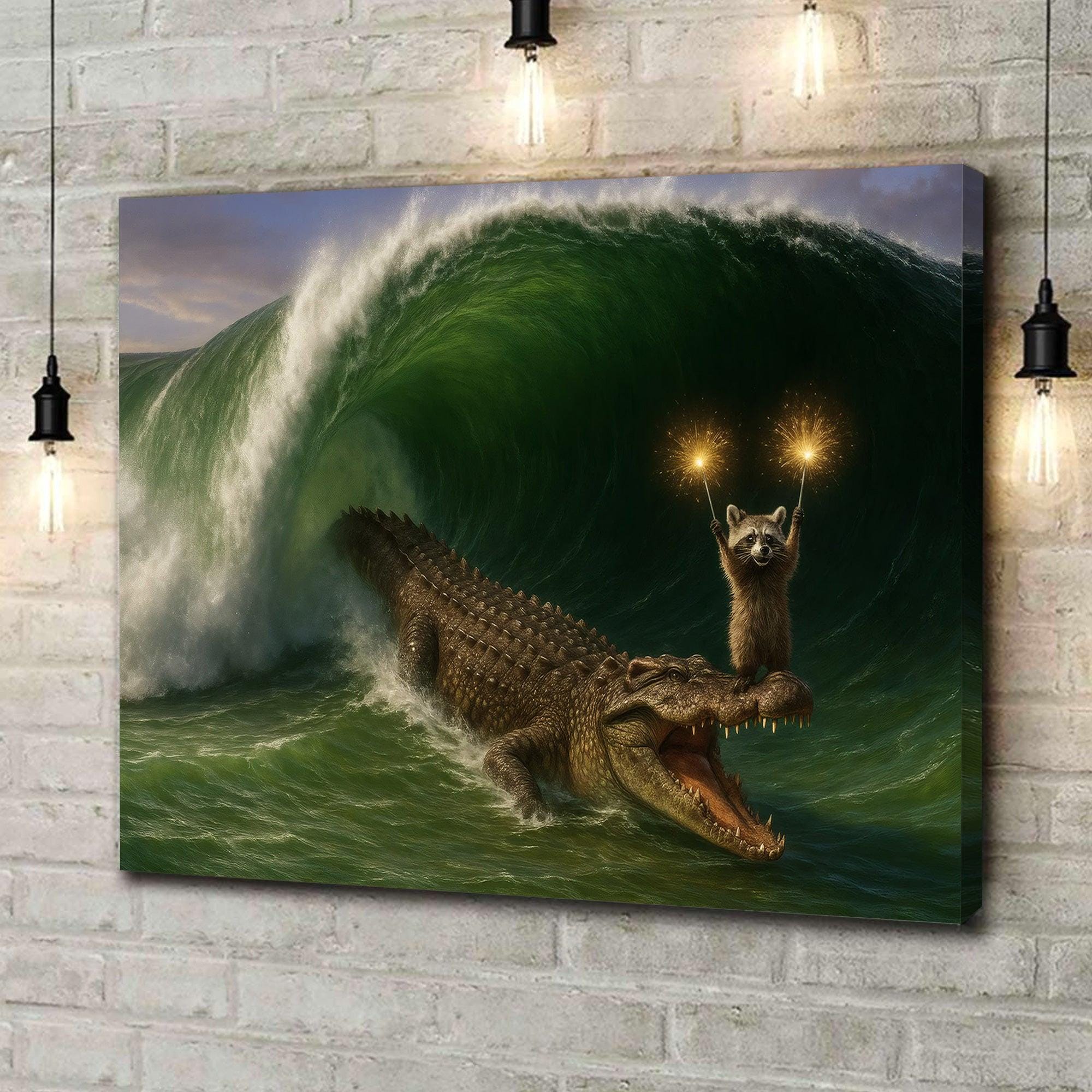 ワニがサーフィンをするキャンバスウォールアート、花火を持った