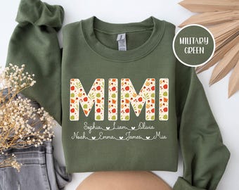 Camiseta unissex personalizada Mimi com capuz e nomes dos netos, camiseta floral Mimi, presentes Mimi, camiseta personalizada para avó com nomes infantis.