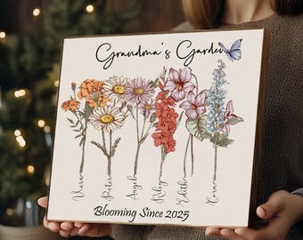 Personalized Grandma’s Garden Birth Flower Wood Sign with Grandkids’ Names | Custom Mother’s Day Gift for Grandma or Mom