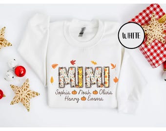 Camiseta unissex personalizada Mimi com capuz e nomes dos netos, camiseta floral Mimi, presentes Mimi, camiseta personalizada para avó com nomes infantis.