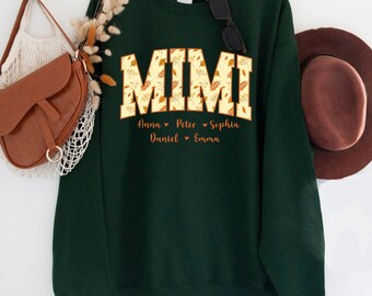 Camiseta unissex personalizada Mimi com capuz e nomes dos netos, camiseta floral Mimi, presentes Mimi, camiseta personalizada para avó com nomes infantis.