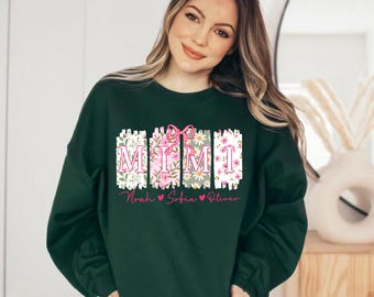 Camiseta unissex personalizada Mimi com capuz e nomes dos netos, camiseta floral Mimi, presentes Mimi, camiseta personalizada para avó com nomes infantis.