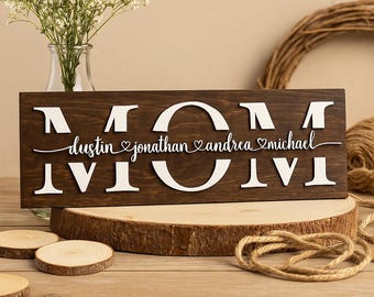 Mom Wood Sign, Personalized Mothers Day Gift from Kids , Farmhouse Wooden Sign for Mom, Custom Family Name Sign, Handmade Gift Home Decor