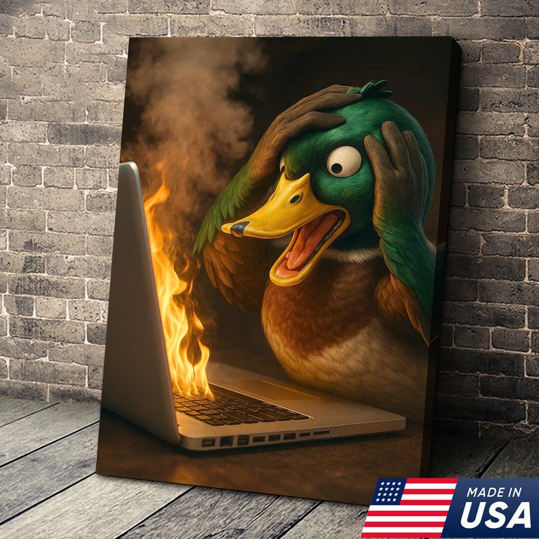 Funny Duck Screaming at Burning Laptop Canvas Wall Art, Hilarious Tech ...