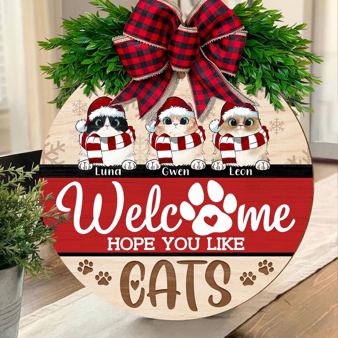 Personalized Cat Welcome Sign, Custom Christmas Wreath Decorations ...