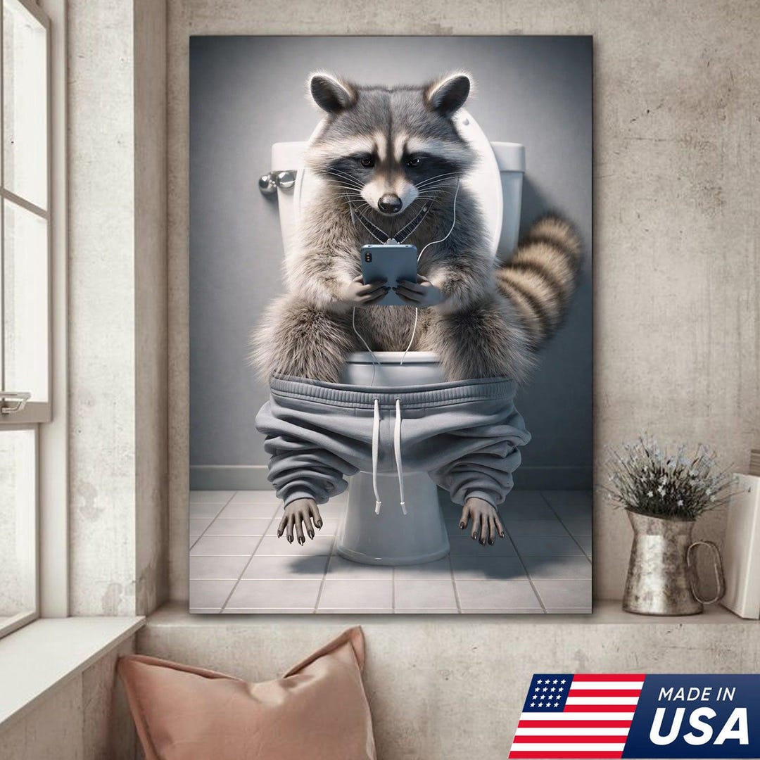 Funny Raccoon Toilet Canvas, Bathroom Humor Wall Art, Animal Decor - Etsy