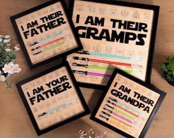 "Ich bin der Vater Personalisiertes Holzschild mit Lichtschwertern und Kindernamen | Custom Star Wars Vatertagsgeschenk für Papa von Kindern