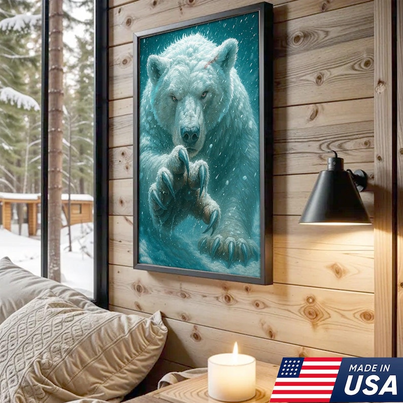 Ferocious Polar Bear in Blizzard Canvas Wall Art, Arctic Wildlife