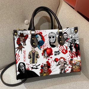 Horrorfilm Charaktere Halloween Leder Handtasche, Vintage Horror Ledertaschen, Schultertasche Geschenk für Frauen, Geschenk für Horror Fans