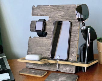 Personalized Wood Docking Station Home Decor Desk Organizer for Men | Father's Day Gift for Dad, Husband or Him | Teacher's Day Gift Idea