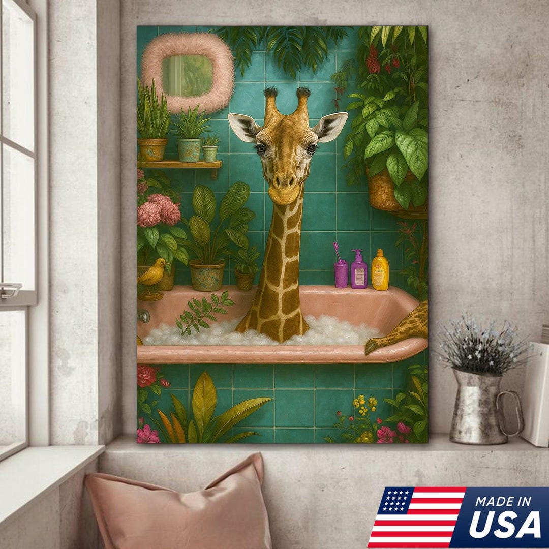 Giraffe Bathroom Wall Art Canvas, Funny Animal Taking Bath Decor - Etsy