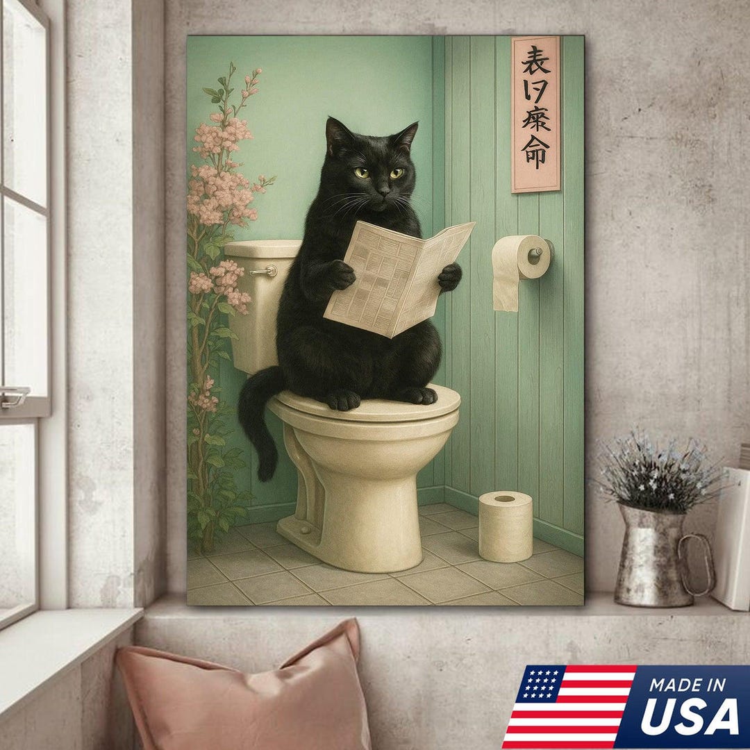 Funny Cat Bathroom Canvas Wall Art, Black Cat on Toilet Reading ...