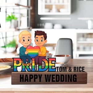 Custom Love Is Love Wedding Name Desk Plate Gay Couple Cartoon Tabletop Decor Wooden Keepsake Gift for LGBTQ Pride Month Celebration