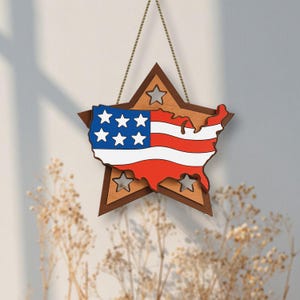 Placa de madeira com mapa patriótico dos EUA, bandeira americana, estrela, placa de porta, 4 de julho, decoração rústica para casa, dia da independência, veterano, lembrança de mesa
