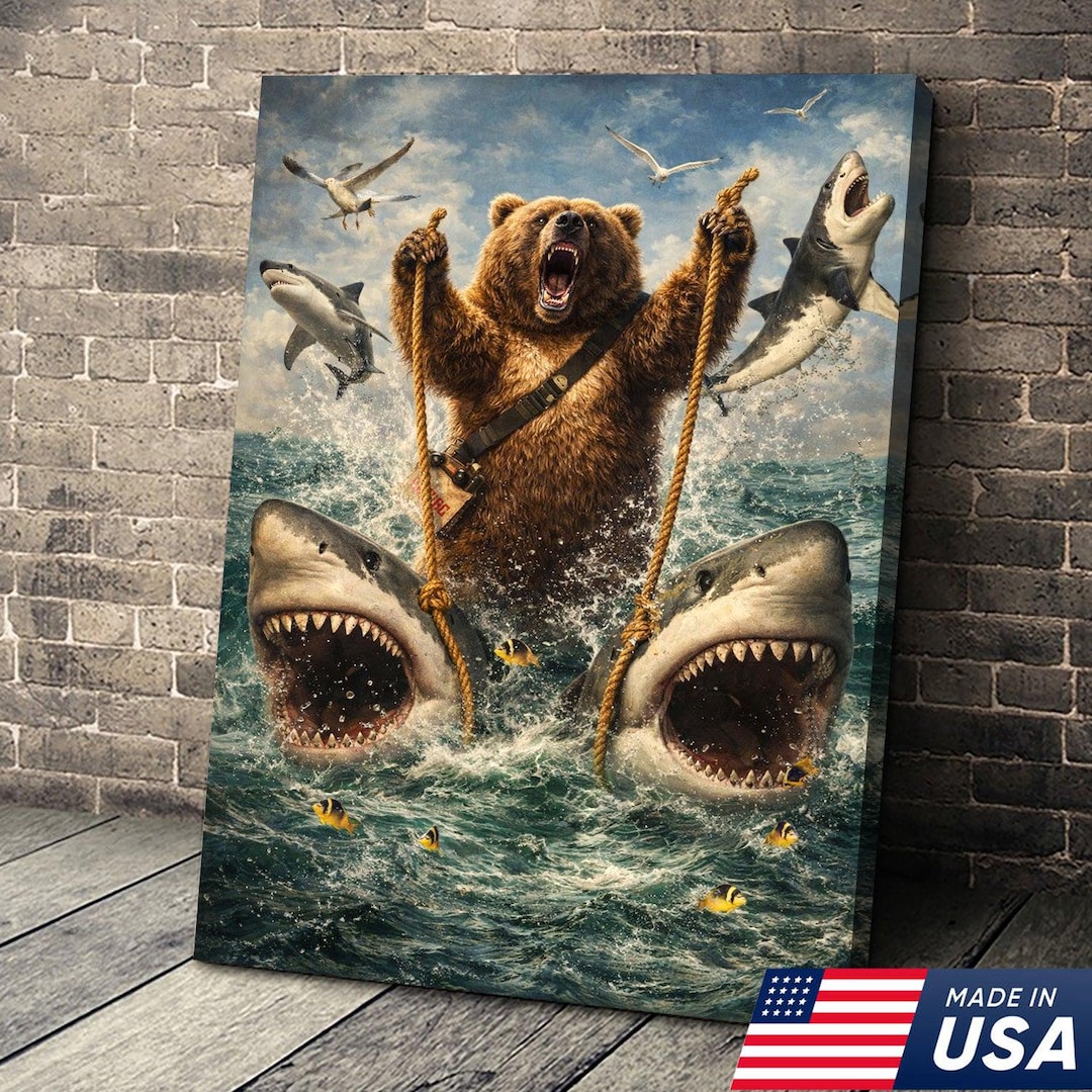 Funny Bear Riding Sharks Canvas Print Epic Animal Wall Art Unique Gift ...