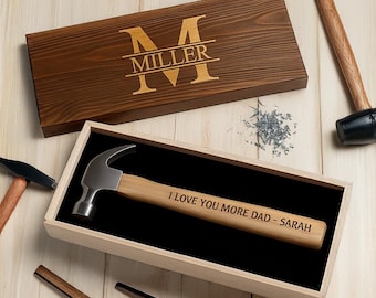 Gepersonaliseerde gegraveerde hamer met houten kist | Aangepast hamercadeau voor vader, opa, echtgenoot | Vaderdagcadeau van zoon en dochter