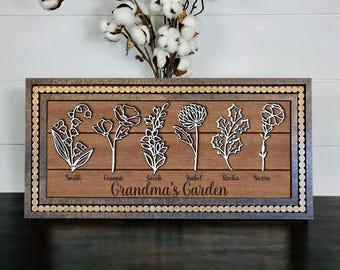 Personalized Engraved Grandma's Garden Birth Month Flower Frame With Kids Names For Mother's Day