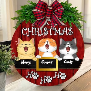 Meow Christmas Personalized Cat Sign, Welcome Christmas Wreath Decorations, Gifts For Cat Lovers, Xmas Gifts, Front Door Hanger