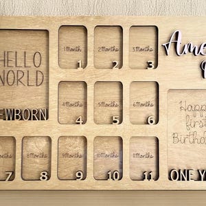 Cadre personnalisé en bois pour bébé, anniversaire mensuel, tableau photo personnalisé 12 mois avec nom, cadeau collage photo première année pour nouveau-né