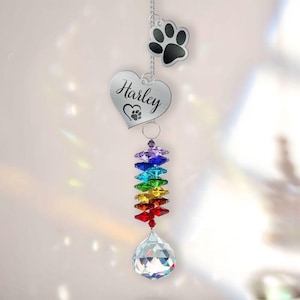 Pet Memorial Rainbow Suncatcher with Crystal Charm – Custom Dog Cat Keepsake Ornament – Pet Loss Gift for Pet Lovers, Rainbow Bridge Decor