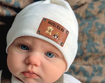 Personalized Baby Beanie with Vegan Leather Patch for Boy Girl, Custom Baby Puppy Beanies with Name Kids, Gift for Newborn, Toddler, Kid