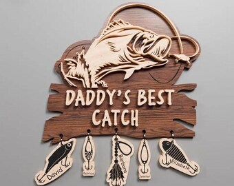 Daddy’s Best Catch Custom Wooden Fishing Sign with Kid Names | Personalized Father’s Day Gift for Fisherman Dad or Grandpa