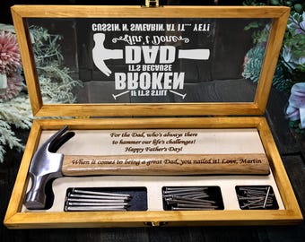 Op maat gegraveerde hamer voor vader | Gepersonaliseerde Vaderdaghamer met houten kist | Verjaardagscadeau voor vader, man of hem