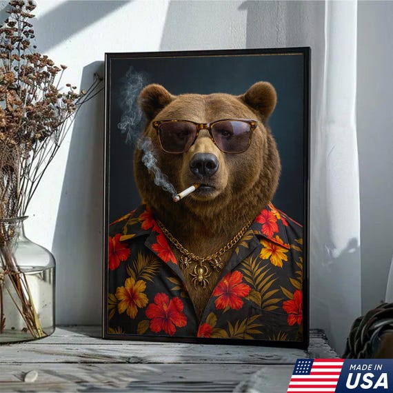 Cool Gangster Bear Wall Art – Smoking Bear Poster for Men, Man