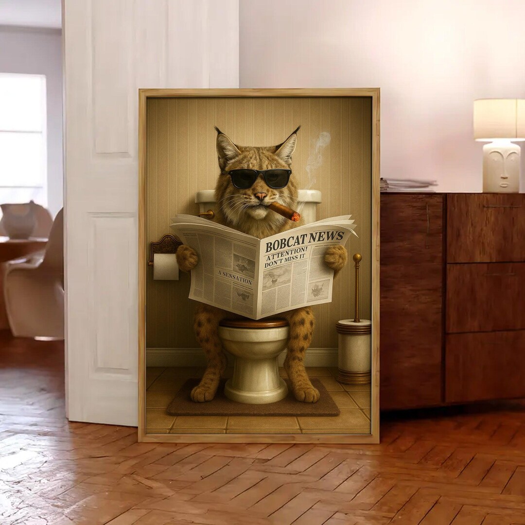 Rustic Bobcat Funny Bobcat Bathroom Wall Art – Rustic Wildlife Decor for Men, Hunting ...