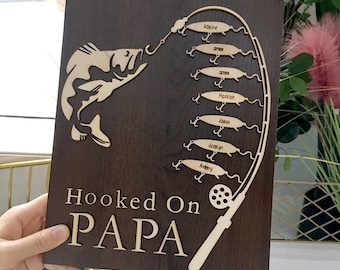 Hooked on Papa Dad Grandpa Personalized Fishing With Kids Name Gift For Father's Day
