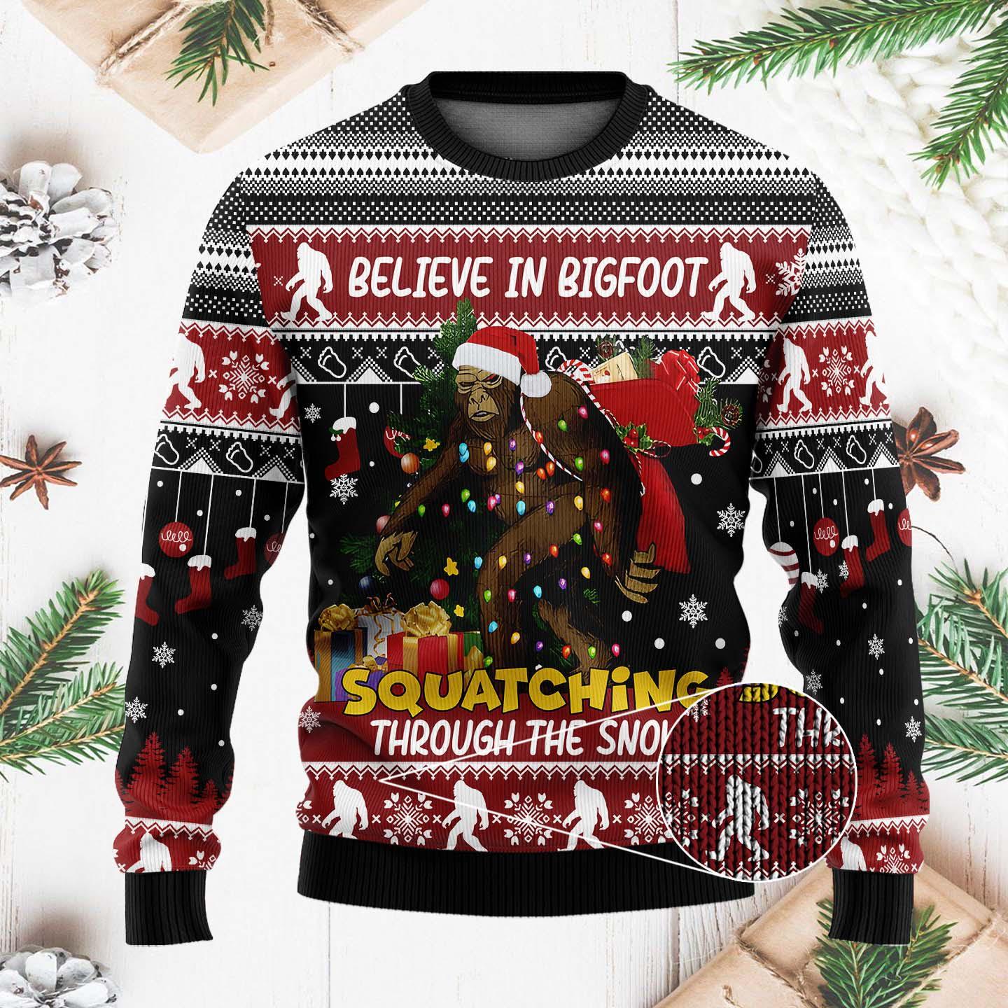 Discover Believe In Bigfoot Christmas Ugly Sweatshirt - Funny Squatching Through The Snow Ugly Xmas Sweater