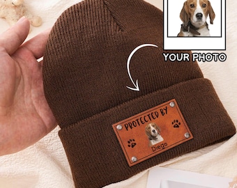 Baby Beanie Protected By Custom Portraits Using Pet Photo, Personalized Baby Beanie with Leather Patch, Beanie for Newborn, Infant, Baby