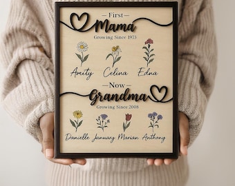 Personalized Mama Birth Flower Wooden Sign with Names, First Mom Now Grandma Gift, Mother’s Day Gift, Custom Garden Frame for Mom or Grandma