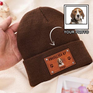 Baby Beanie Protected By Custom Portraits Using Pet Photo, Personalized Baby Beanie with Leather Patch, Beanie for Newborn, Infant, Baby