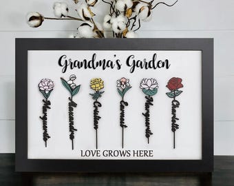 Custom Grandma's Garden Birth Flower Frame With Grandkids Names For Mother's Day, Present For Grandma With Grandchildren Names