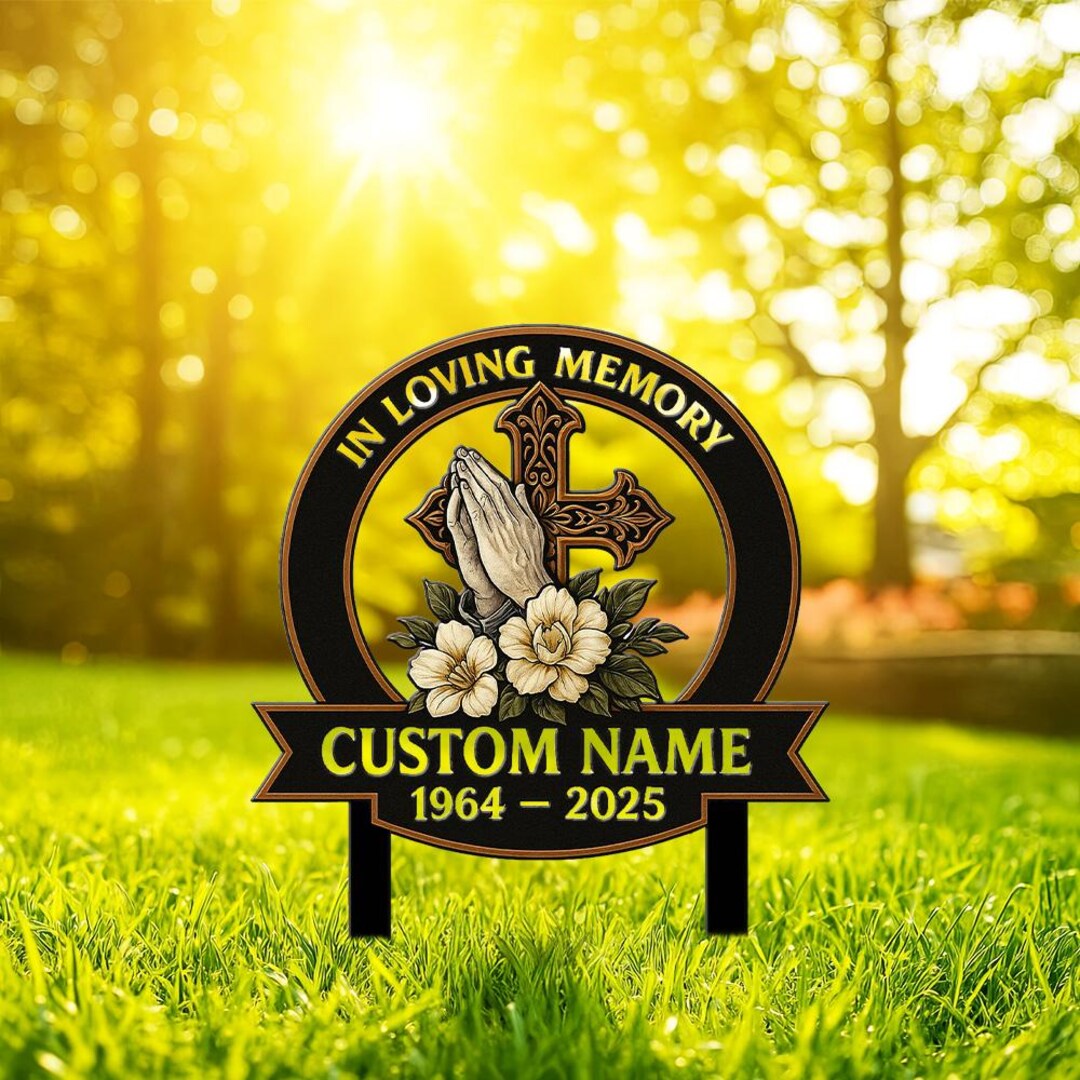 In Loving Memory Garden Stake – Custom Metal Cross With Praying