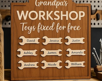 Grandpa's Workshop Custom Wooden Sign with Kids Names | Personalized Toy Fixing Home Decor for Father's Day | Workshop Wall Art for Dad